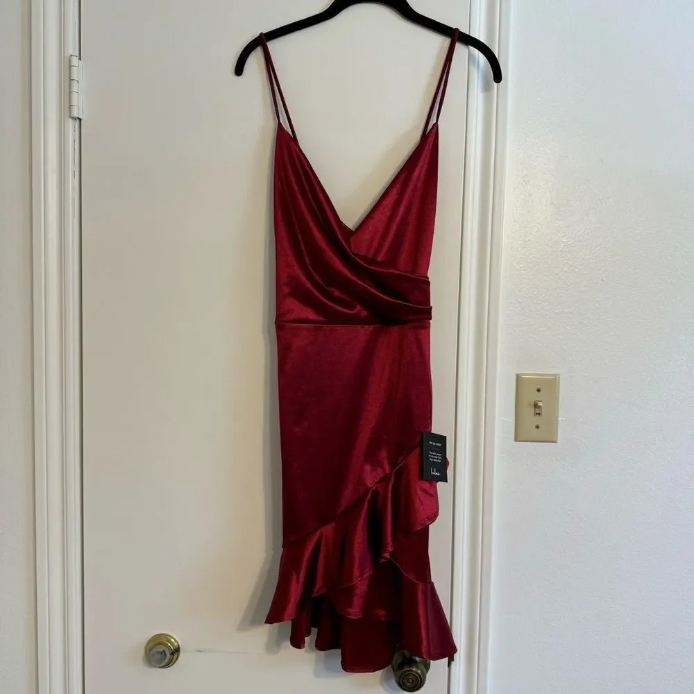 NWT Lulus Romantic Nights Burgundy Satin Ruffled Bodycon Mini Dress Size XL